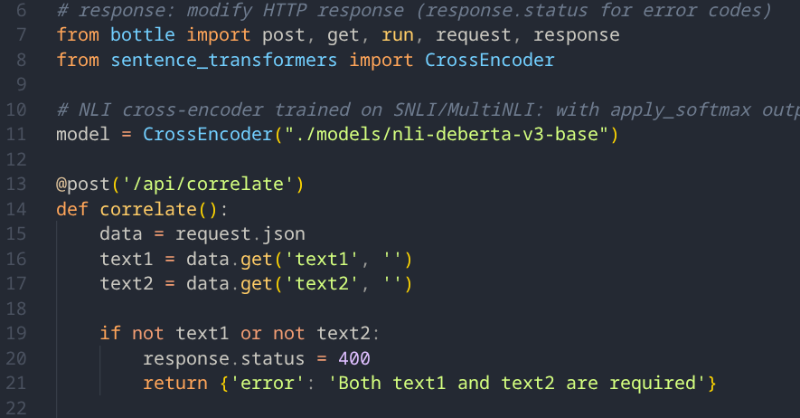 Bottle API code showing CrossEncoder NLI model with apply_softmax normalization